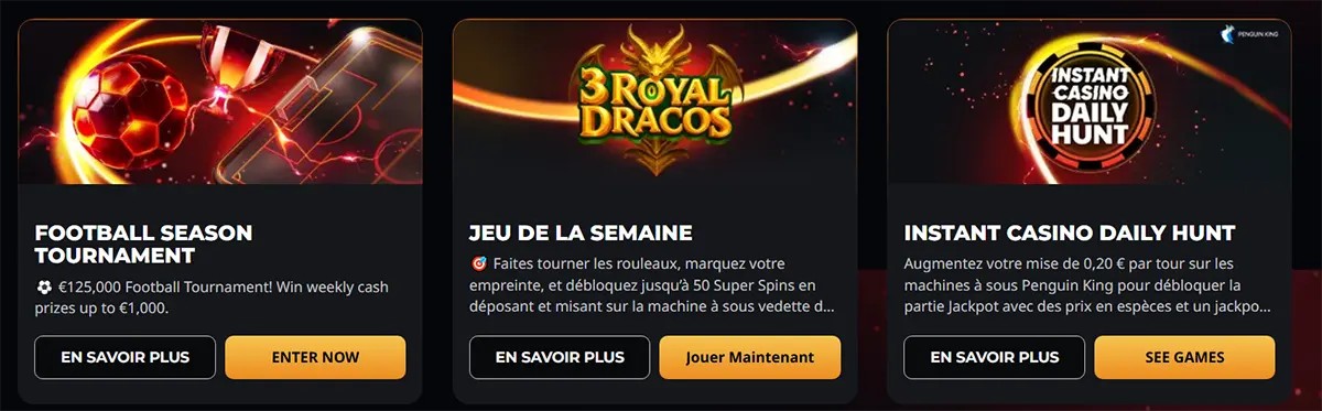 French casino promotion cards featuring a football season tournament, game of the week, and Instant Casino Daily Hunt, each with dark neon artwork and yellow call-to-action buttons.