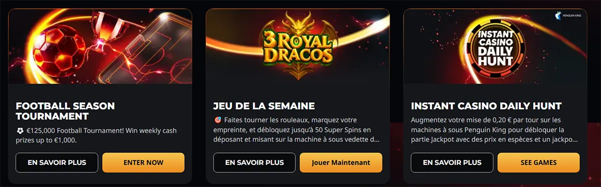 French casino promotion cards featuring a football season tournament, game of the week, and Instant Casino Daily Hunt, each with dark neon artwork and yellow call-to-action buttons.