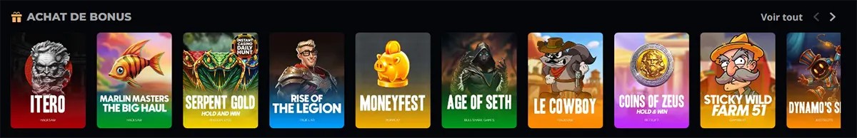 Casino bonus buy games carousel with colorful slot thumbnails, a “Voir tout” link, and navigation arrows on a dark gaming interface.