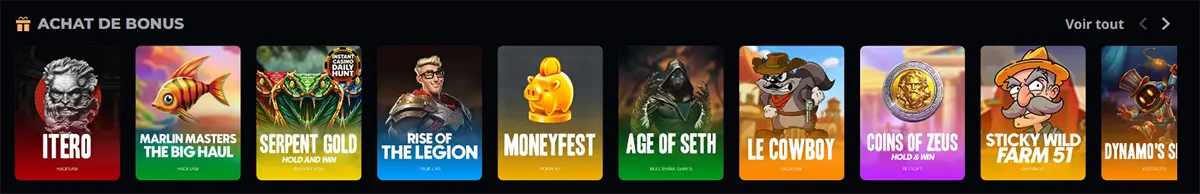 Casino bonus buy games carousel with colorful slot thumbnails, a “Voir tout” link, and navigation arrows on a dark gaming interface.