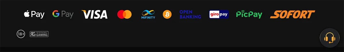 Footer payment methods row showing Apple Pay, Google Pay, Visa, Mastercard, MiFinity, Bitcoin, Open Banking, Giropay, PicPay, and Sofort, plus 18+ and responsible gaming badges on a dark background.