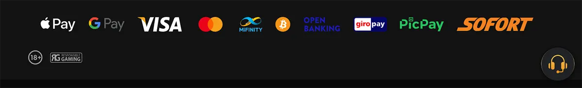 Footer payment methods row showing Apple Pay, Google Pay, Visa, Mastercard, MiFinity, Bitcoin, Open Banking, Giropay, PicPay, and Sofort, plus 18+ and responsible gaming badges on a dark background.