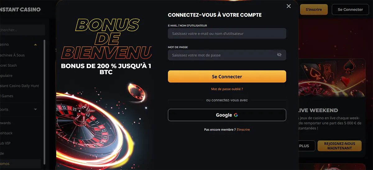French casino login popup with welcome bonus artwork, email or username and password fields, a yellow sign-in button, forgot password link, and Google login option on a dark interface.
