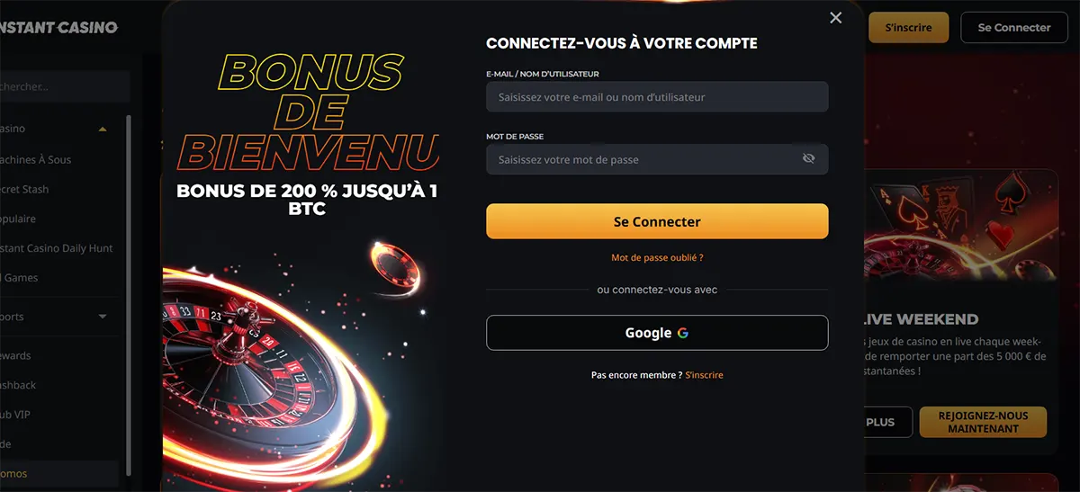 French casino login popup with welcome bonus artwork, email or username and password fields, a yellow sign-in button, forgot password link, and Google login option on a dark interface.