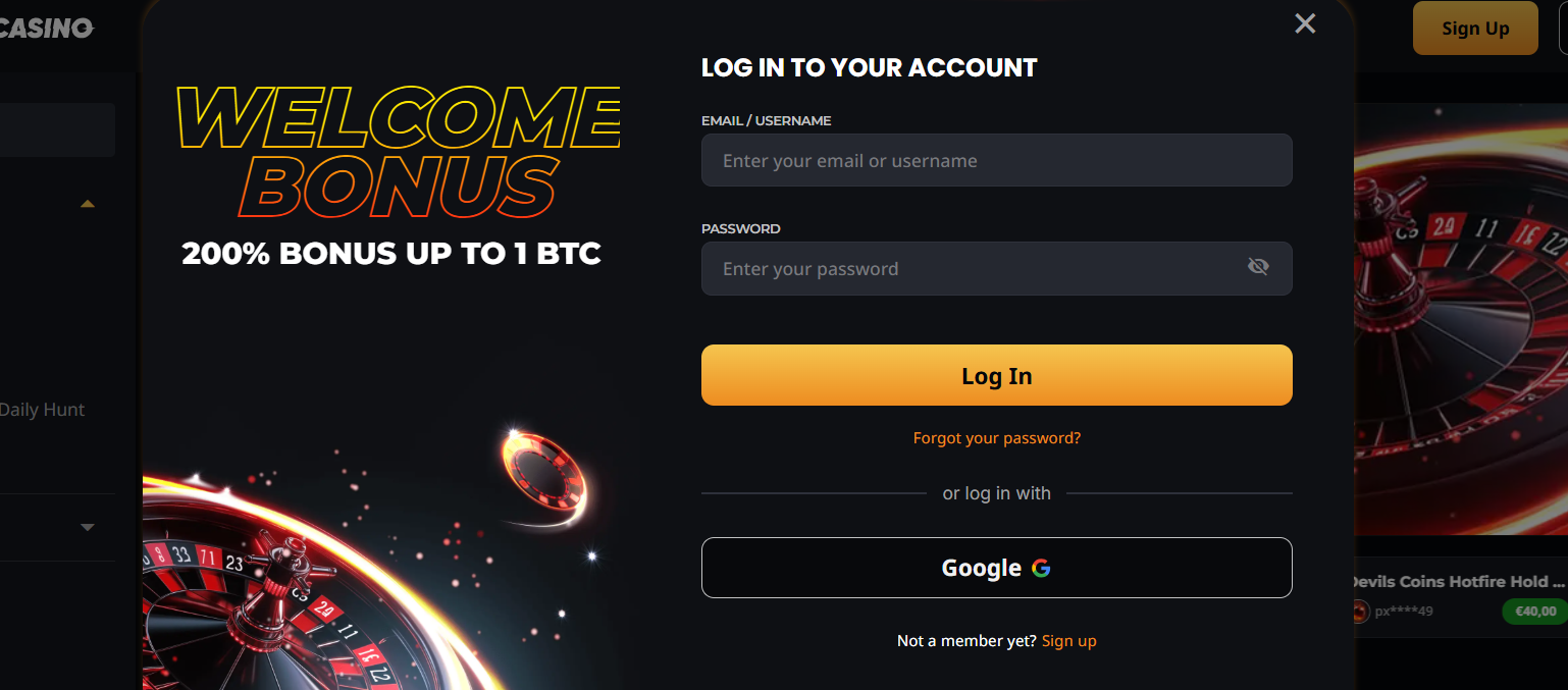 Online casino login page with 200% welcome bonus up to 1 BTC, secure email and password access, and Google sign-in option.