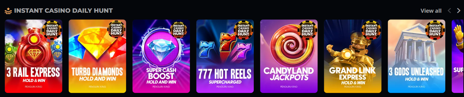 Instant Casino Daily Hunt slot games collection featuring jackpots, hold-and-win titles, and daily rewards for online casino players.
